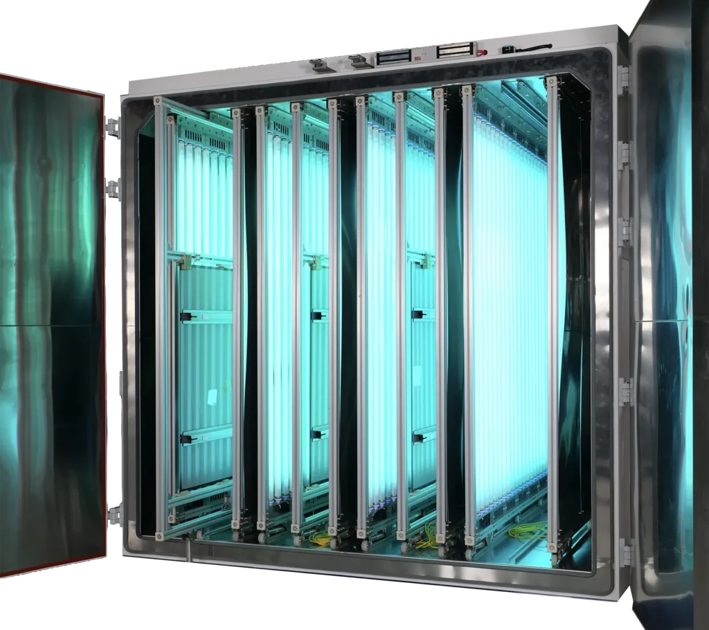 UV fluorescent lamp preconditioning chamber for photovoltaic module reliability testing