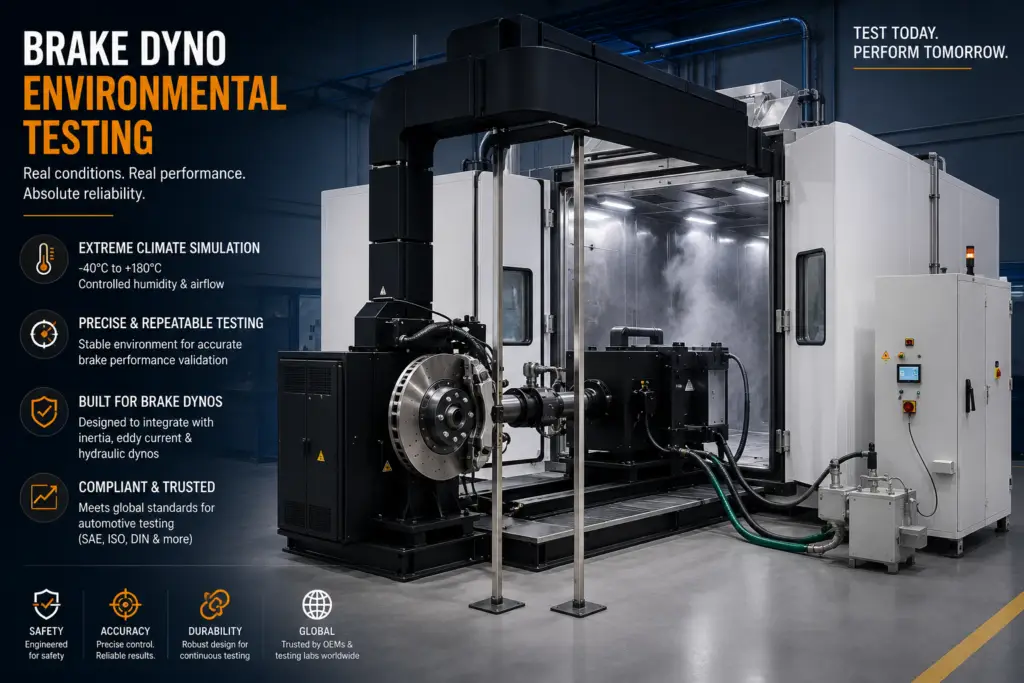 Custom environmental conditioning system supplying temperature- and humidity-controlled air to an automotive brake dynamometer for Brake NVH and performance testing.