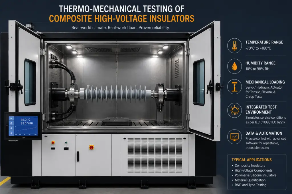 Custom thermo-mechanical environmental test system evaluating composite high-voltage insulators under controlled temperature and mechanical loading conditions.