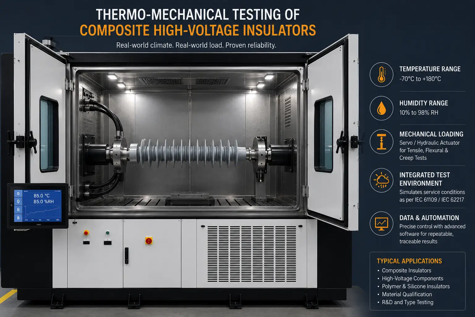 Custom thermo-mechanical environmental test system evaluating composite high-voltage insulators under controlled temperature and mechanical loading conditions.
