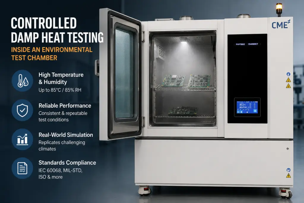 Environmental test chamber performing damp heat testing at 85&deg;C and 85% relative humidity to evaluate long-term product reliability for electronics, batteries and solar PV modules.