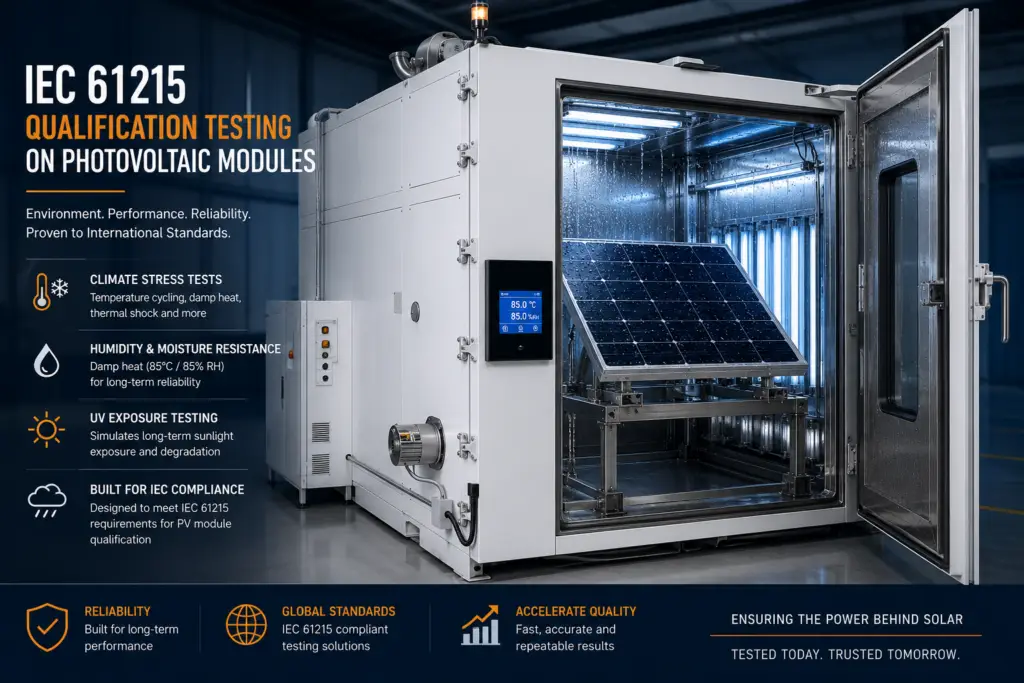Environmental test chamber performing IEC 61215 qualification testing on photovoltaic modules including damp heat, thermal cycling and humidity freeze tests.