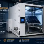 Environmental test chamber performing IEC 61215 qualification testing on photovoltaic modules including damp heat, thermal cycling and humidity freeze tests.