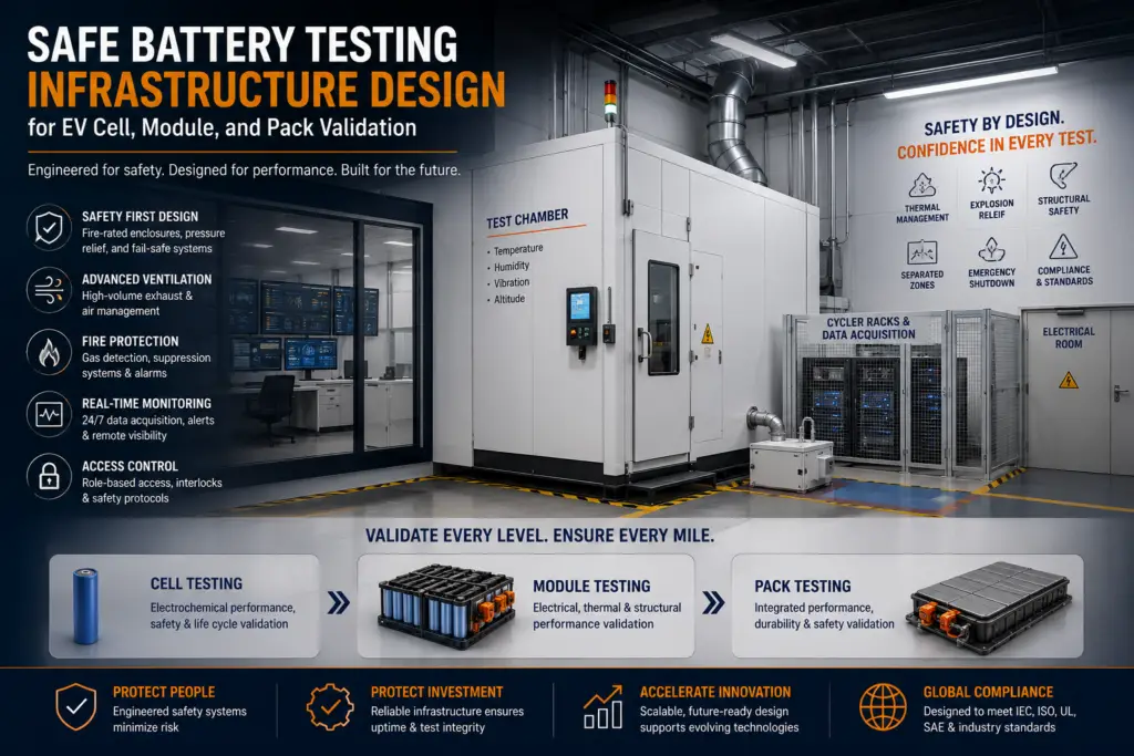 Battery testing laboratory with environmental test chamber and safety infrastructure for EV cell, module and battery pack validation to EUCAR hazard levels.