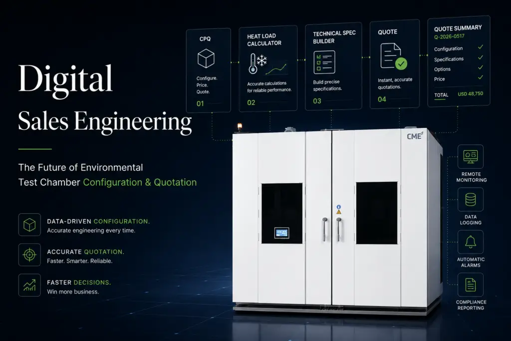 Premium cover image illustrating Digital Sales Engineering for environmental test chambers, featuring an automated workflow with CPQ, heat load calculator, technical specification builder, quotation generation, remote monitoring, data logging, compliance reporting, and a CME walk-in environmental test chamber.