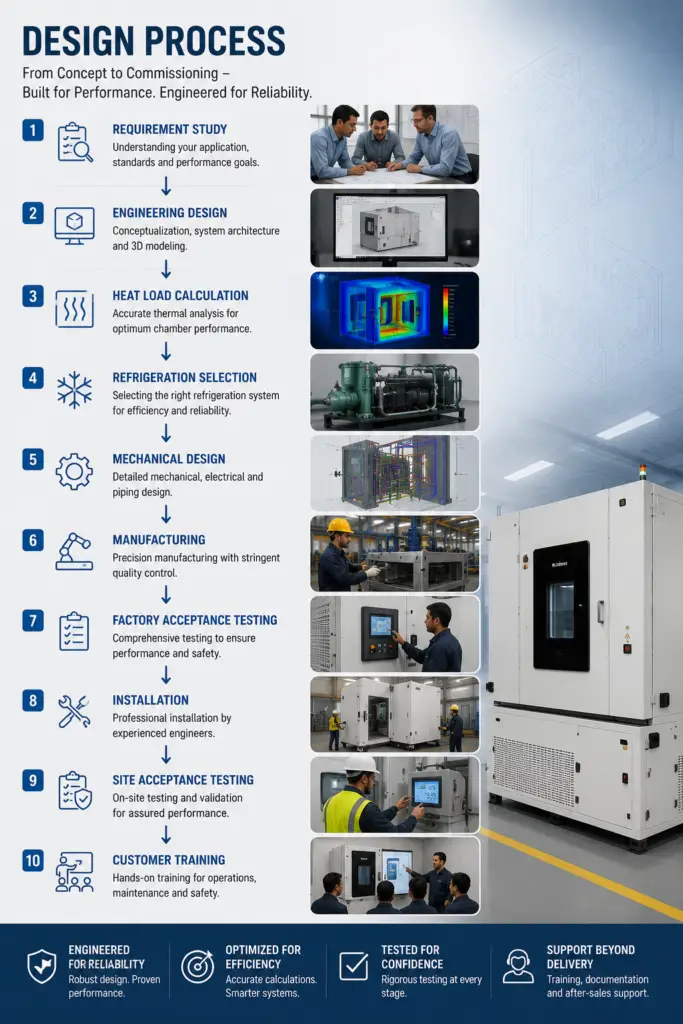 Environmental test chamber design process showing requirement study, engineering design, heat load calculation, refrigeration selection, manufacturing, factory acceptance testing, installation, site acceptance testing and customer training