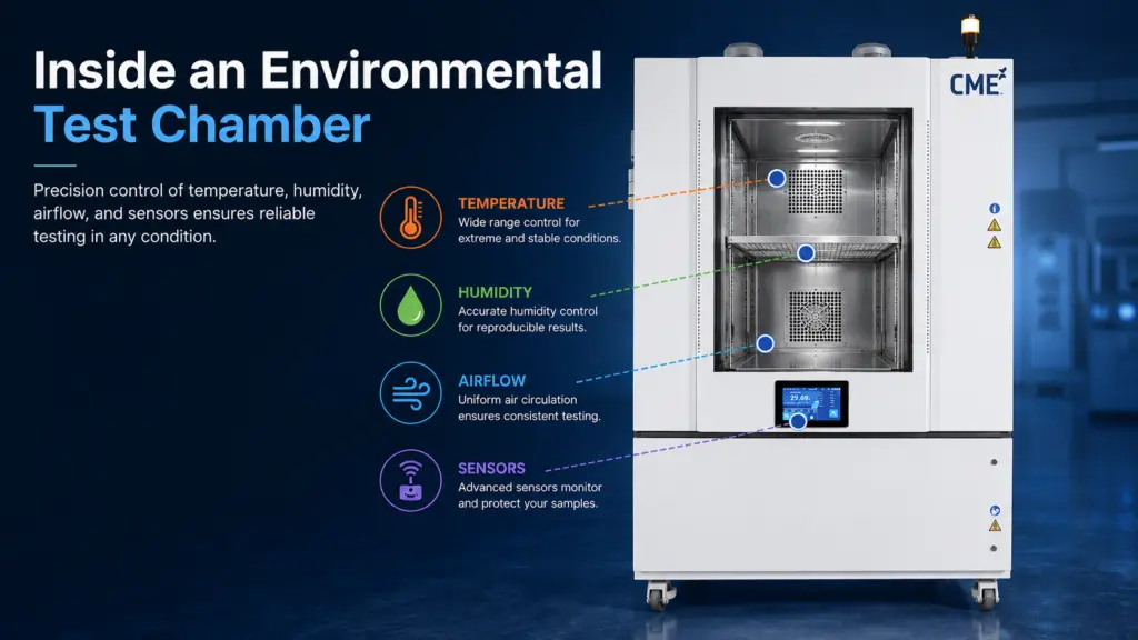 Environmental test chamber showing temperature, humidity, airflow, and sensor control systems.