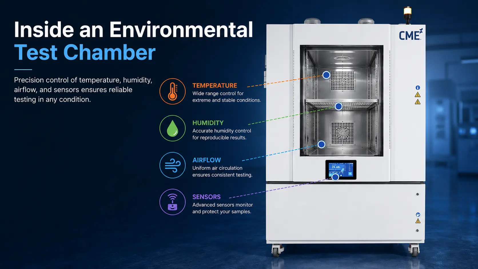 Environmental test chamber showing temperature, humidity, airflow, and sensor control systems.