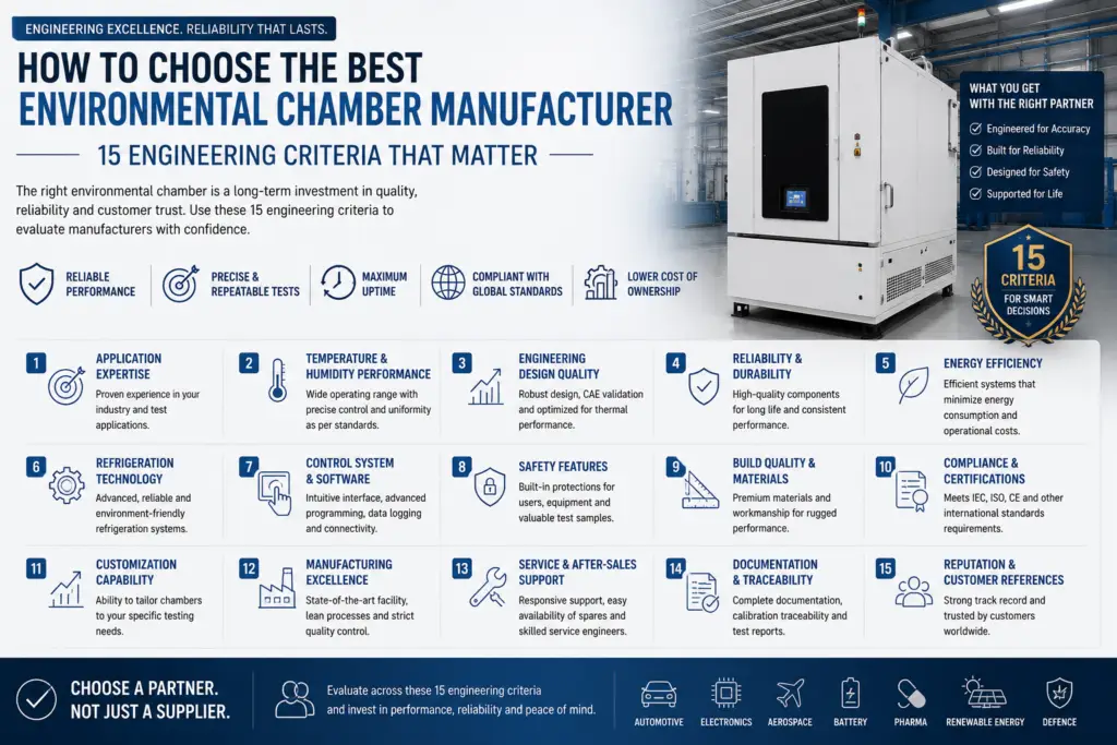 Infographic explaining how to choose the best environmental chamber manufacturer using 15 engineering criteria including design quality, temperature performance, reliability, energy efficiency, compliance, service support and total cost of ownership.