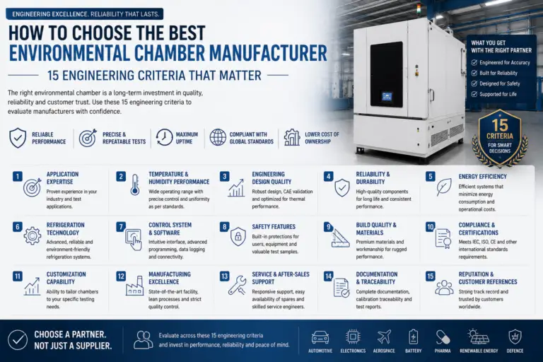 Infographic explaining how to choose the best environmental chamber manufacturer using 15 engineering criteria including design quality, temperature performance, reliability, energy efficiency, compliance, service support and total cost of ownership.
