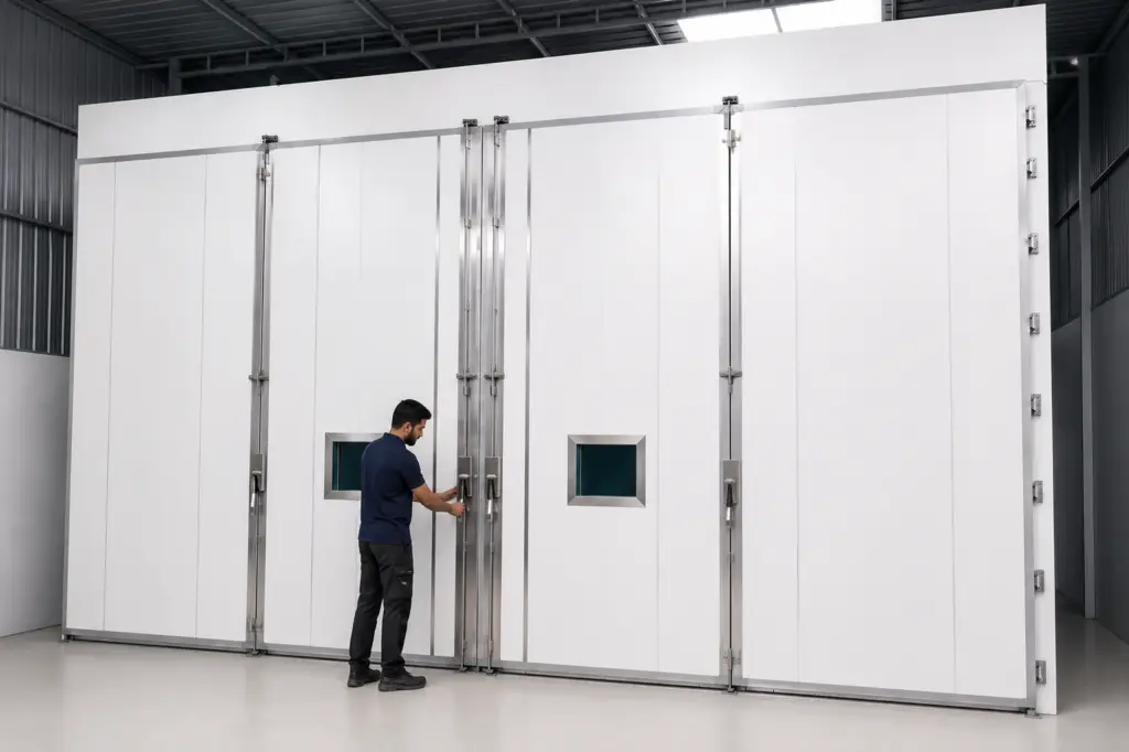 Engineer opening the locking mechanism of a large custom walk-in environmental test chamber installed for a leading testing laboratory by CM Envirosystems.