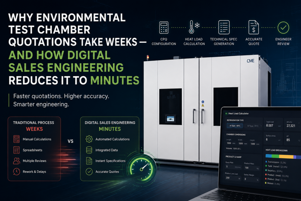 Featured image comparing traditional environmental test chamber quotation methods with Digital Sales Engineering, illustrating how CPQ, automated heat load calculation, technical specification generation, and engineering automation reduce quotation time from weeks to minutes while improving accuracy.