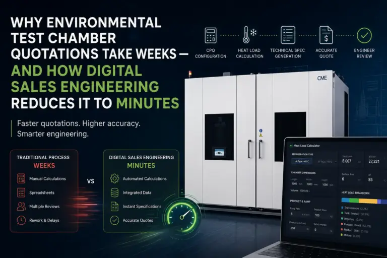 Featured image comparing traditional environmental test chamber quotation methods with Digital Sales Engineering, illustrating how CPQ, automated heat load calculation, technical specification generation, and engineering automation reduce quotation time from weeks to minutes while improving accuracy.