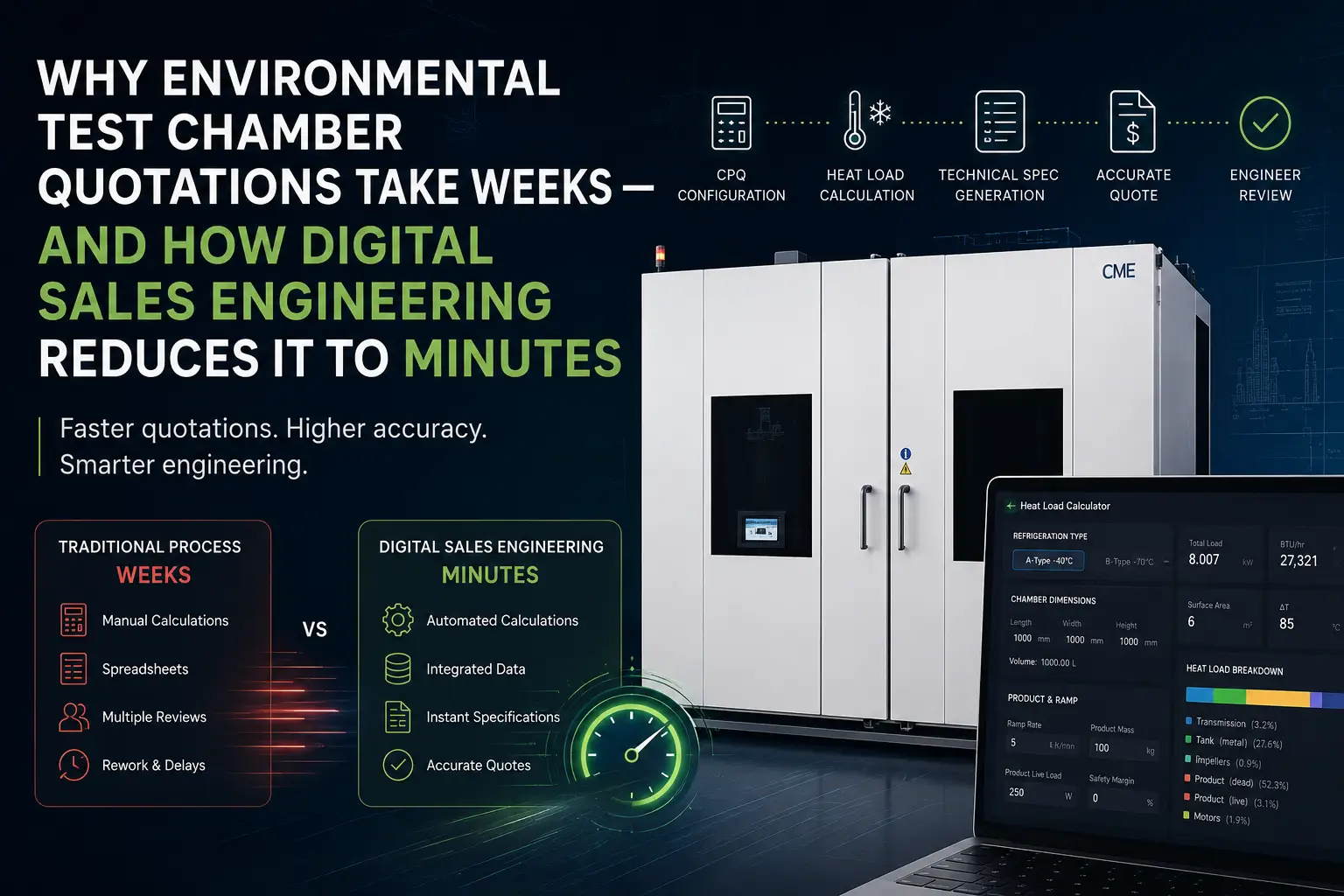 Featured image comparing traditional environmental test chamber quotation methods with Digital Sales Engineering, illustrating how CPQ, automated heat load calculation, technical specification generation, and engineering automation reduce quotation time from weeks to minutes while improving accuracy.