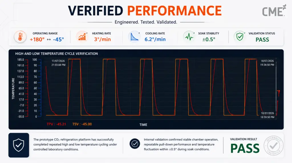 CO₂ refrigeration technology performance verification showing temperature cycling validation in an environmental test chamber
