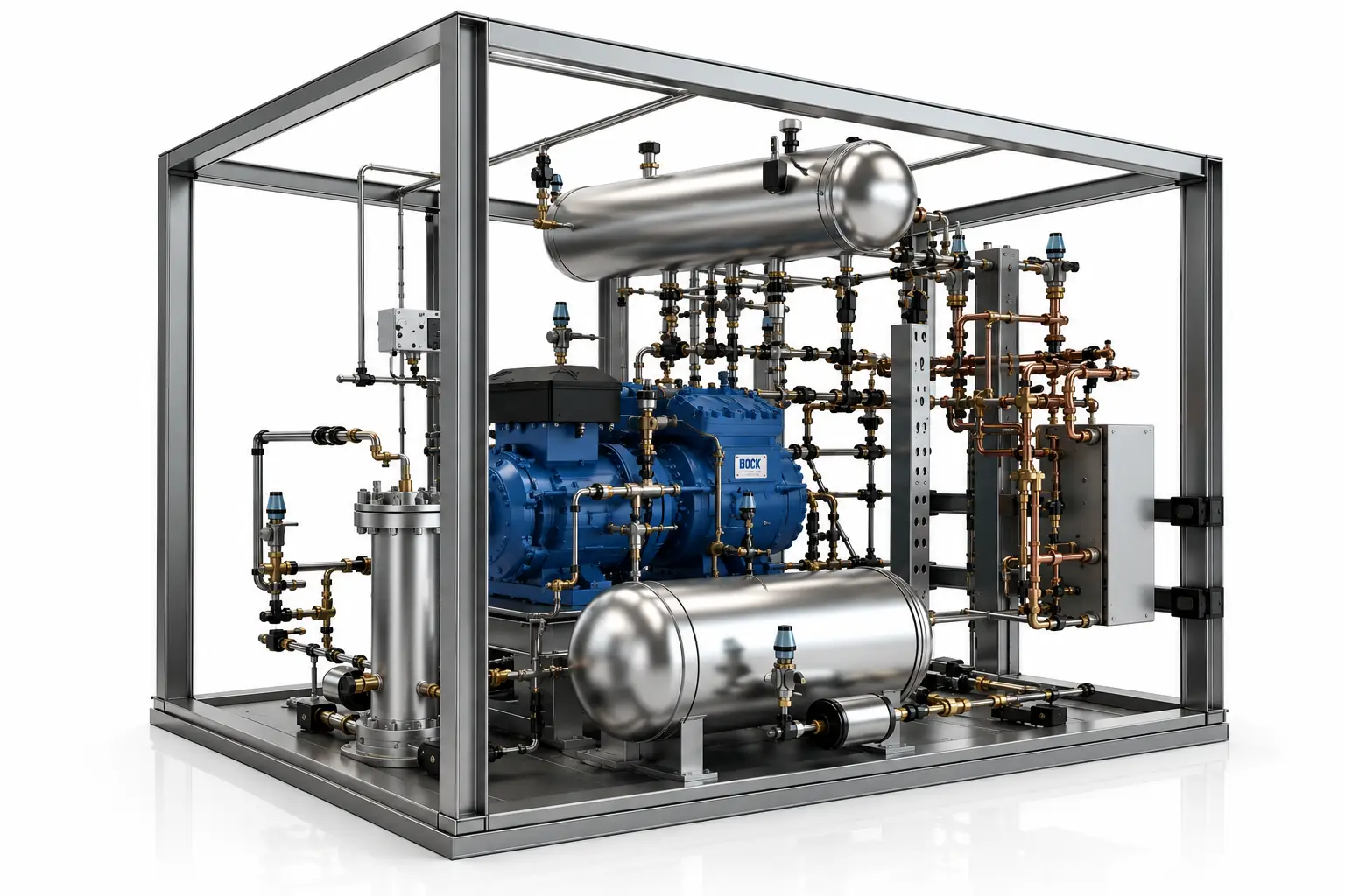 3D engineering render of CM Envirosystems' CO₂ (R744) refrigeration platform featuring a BOCK compressor for -45&deg;C environmental test chamber applications.